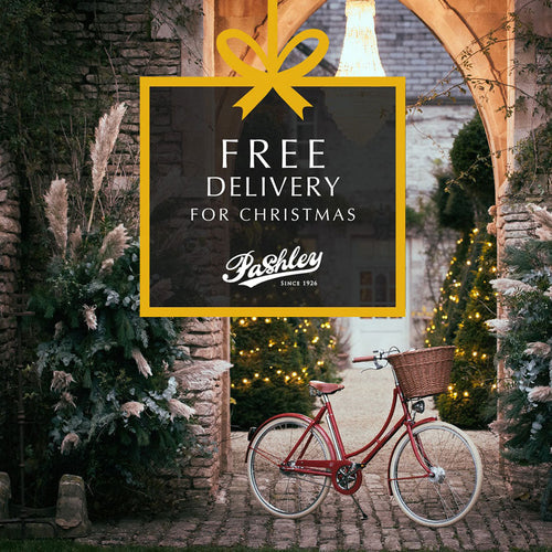 Image of red classic bike in Christmas garden overlaid with a free delivery message.