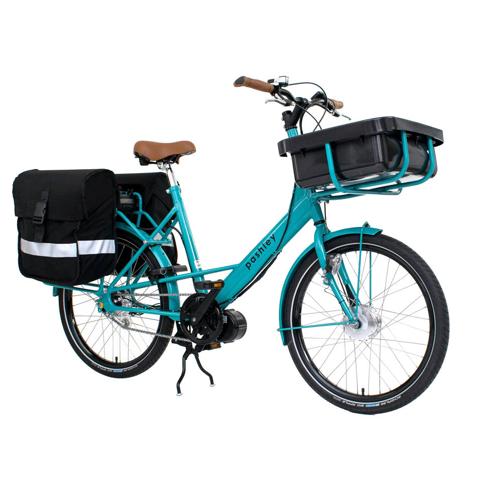 Blue cargo cycle, with black front carrier and black rear pannier bags