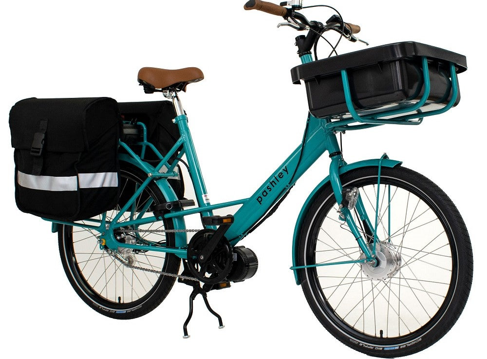 Blue cargo cycle, with black front carrier and black rear pannier bags