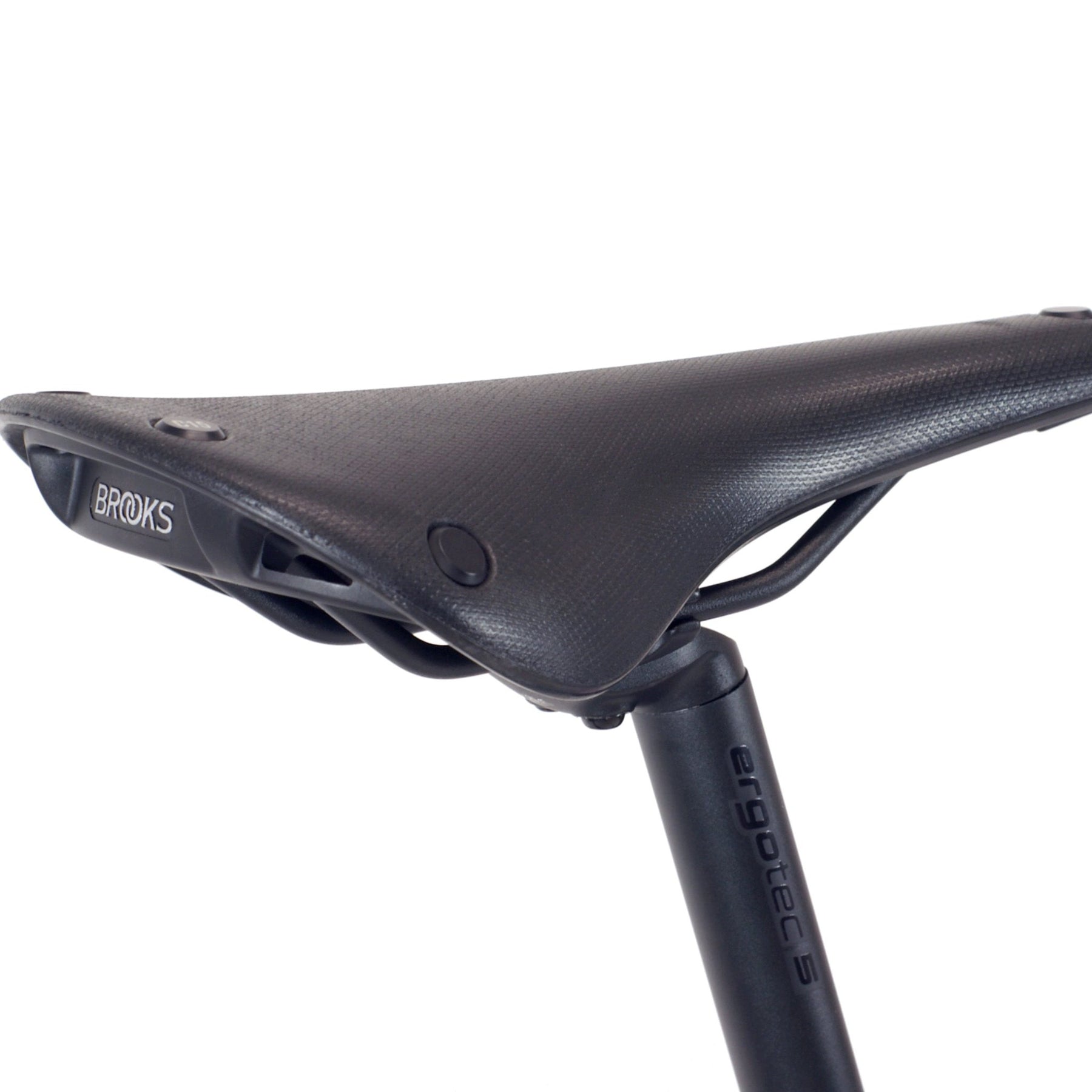 Brooks Cambium saddle on black seatpost on the Pathfinder X bicycle