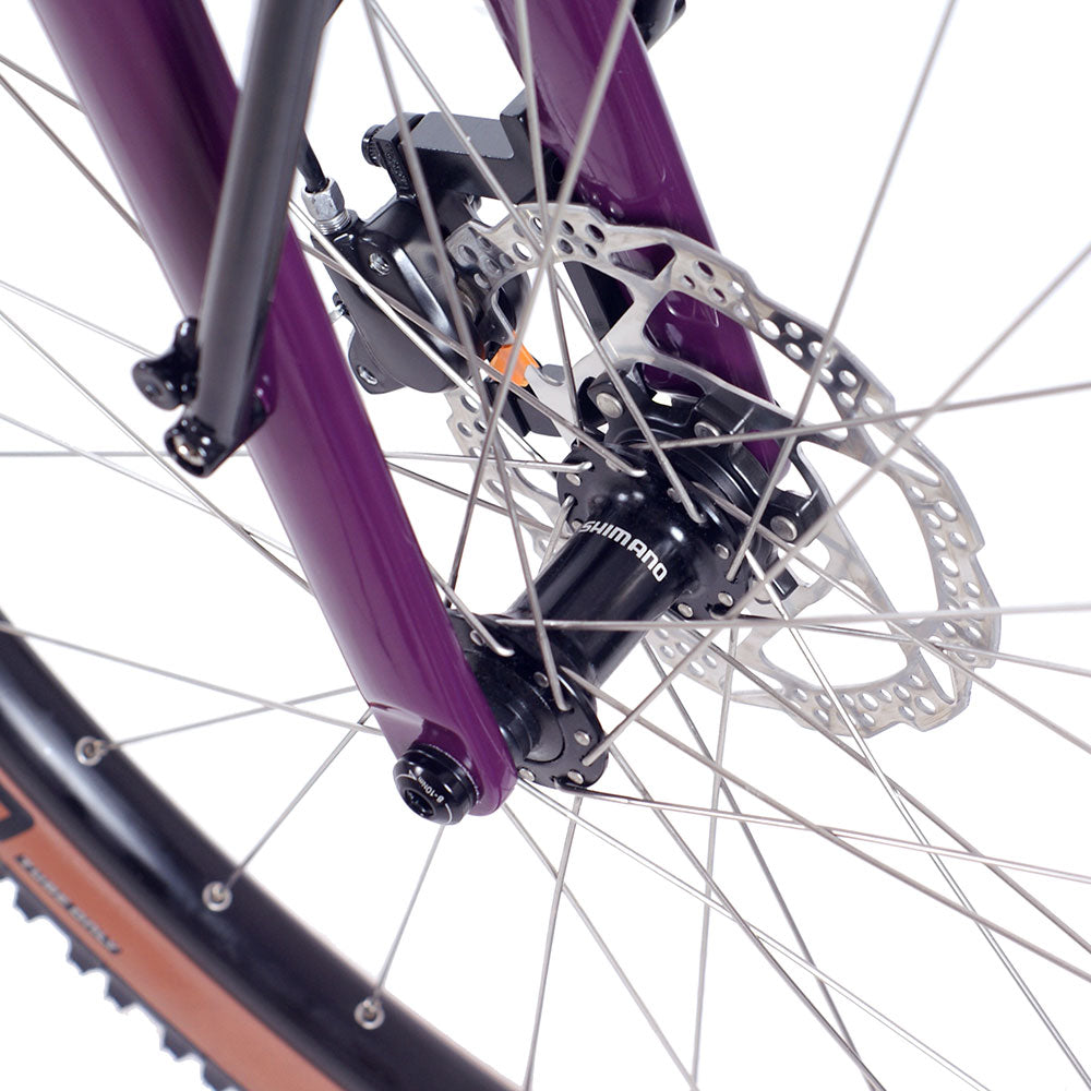 Close-up of front shimano hub with disc brakes.